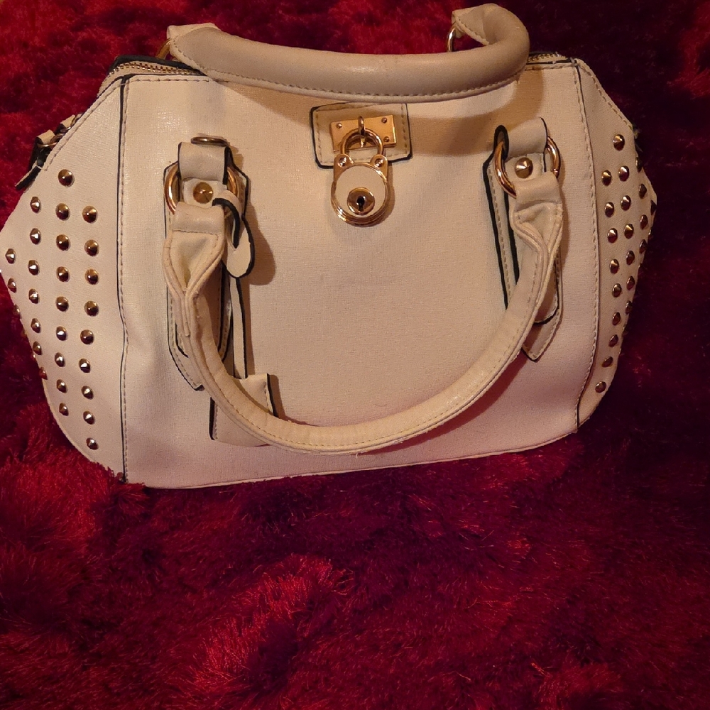 Cream Studded Lock & Key Handbag